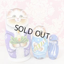 画像1: コブロフ工房  キラキラ目の猫マトリョーシカ　キャンドル パープル