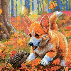 画像1: クロスステッチキット コーギーとハリネズミ Meeting in the Forest (RIOLIS・リオリス・2303)